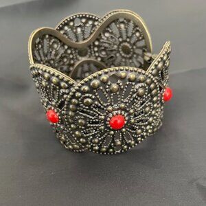 Brass Cuff Bracelet with red centre stones -VTG